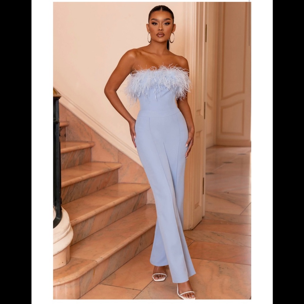 Club L London FIRST CLASS 
BLUE BANDEAU FEATHER WIDE LEG JUMPSUIT